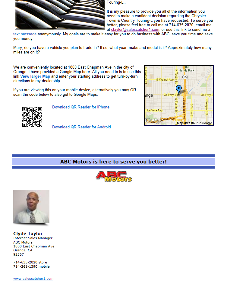 chrysler email crm quote lead response